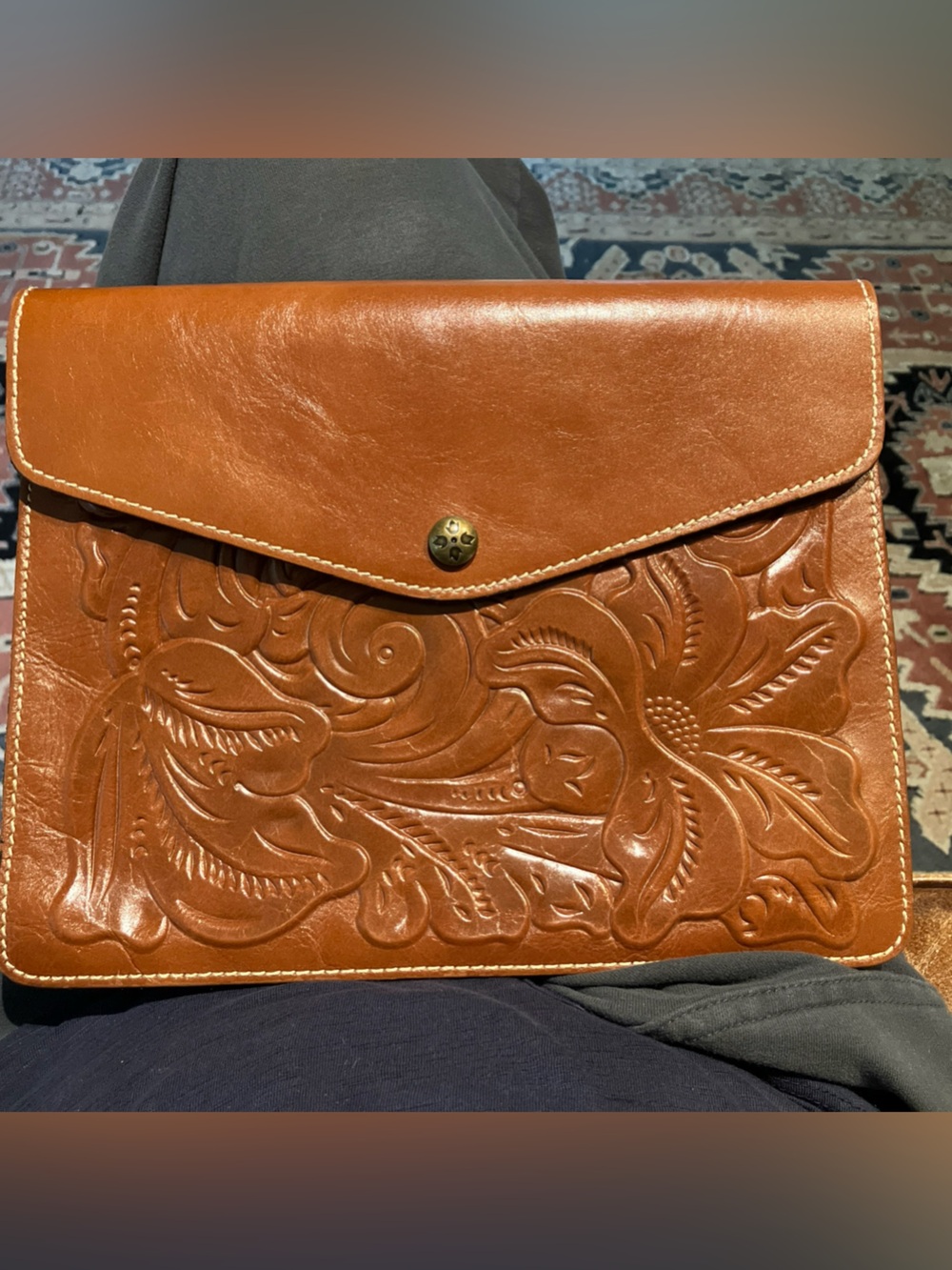 Patricia Nash Brown Tooled Full Leather Clutch in Cognac Brown NWOT